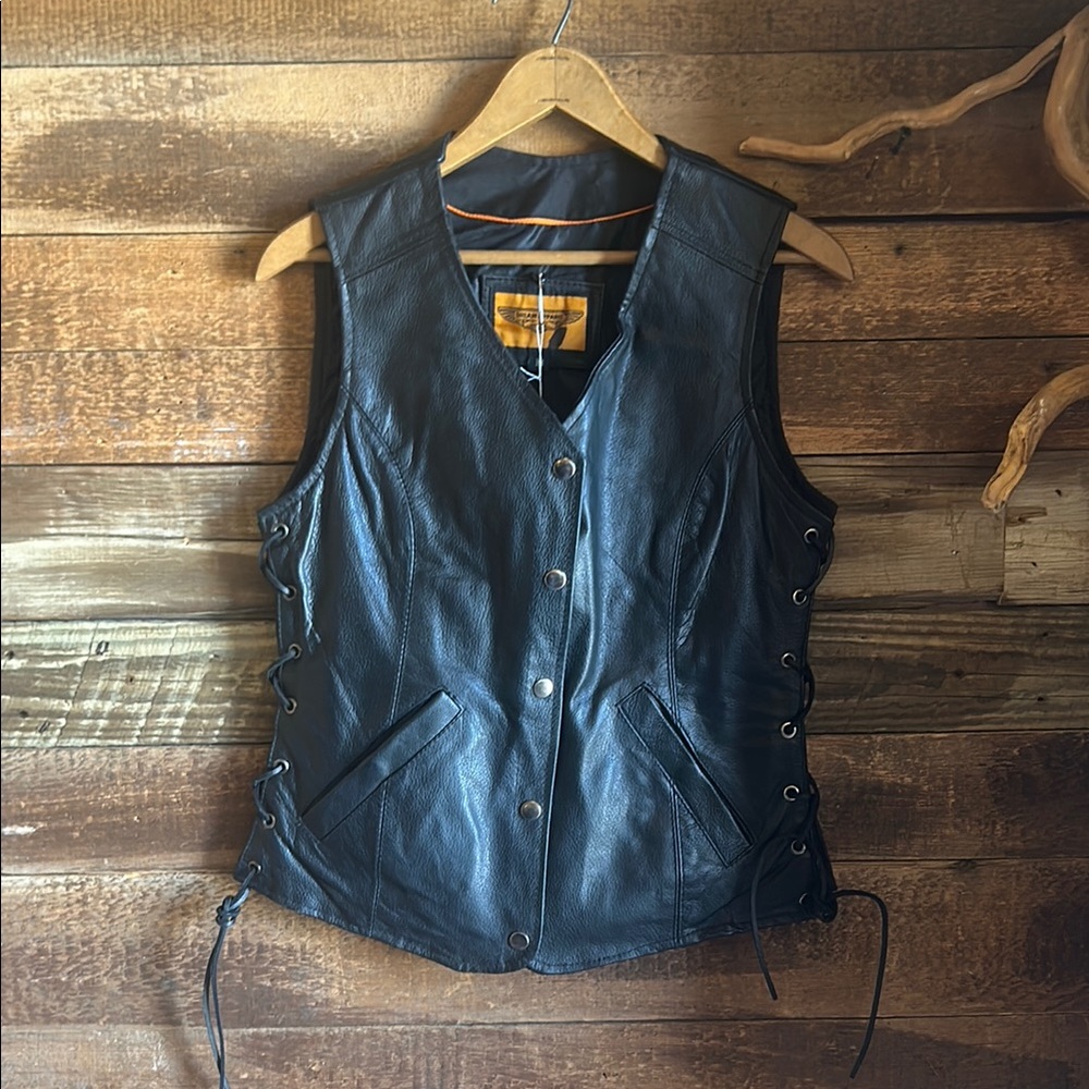 Women's Black Leather Lace-Up Vest - Classic Biker Style